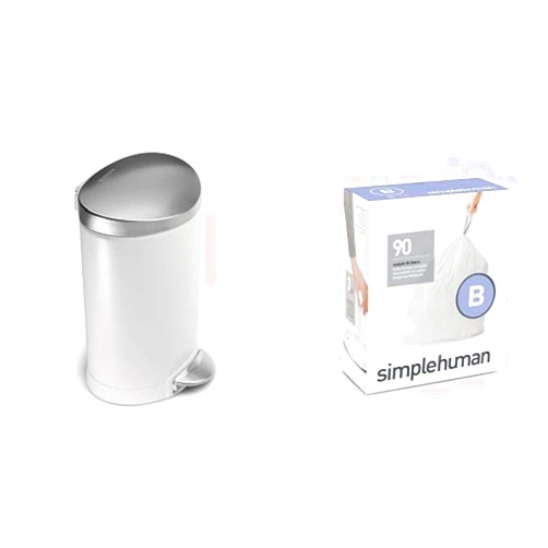 simplehuman 6 litre semi-round step can white steel | stainless steel lid + code B 90 pack liners