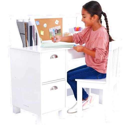 KidKraft Wooden Study Desk for Children with Chair, Bulletin Board and Cabinets, White