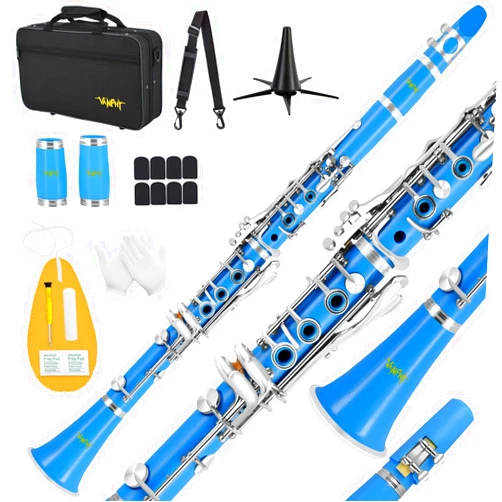 VANPHY Bb Clarinet For Beginners Students B Flat Clarinet 17 Keys Clarinet with Case Stand Strap 2 Barrels 8 Mouthpiece Cushion White Gloves Cleaning Kit(Blue)