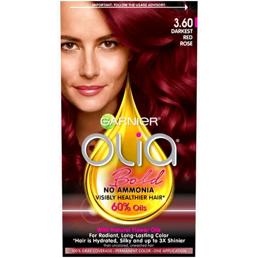 Garnier Olia Ammonia-Free Brilliant Color Oil-Rich Permanent Hair Color, 3.60 Darkest Red Rose (Pack of 1) Red Hair Dye (Packaging May Vary)
