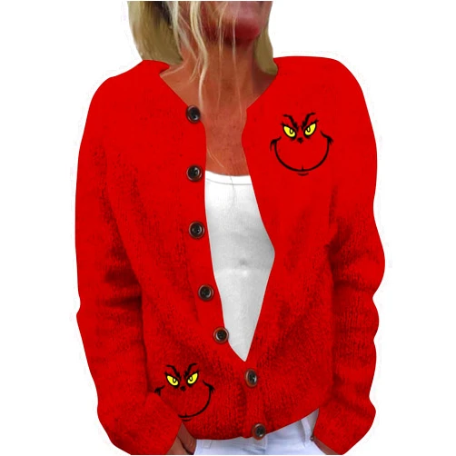 Generic 𝑮𝒓𝒊𝒏𝒄𝒉𝒔 Womens Fall Fashion 2024 Button Down Long Sleeve Coats Christmas Print Winter Sweatshirt Baggy Jackets
