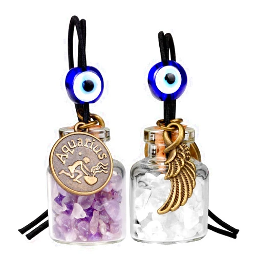 BestAmulets Zodiac Birthstone Car Charms for Rearview Mirror Hanging - Two Gemstone Good Luck Bottles with Evil Eye Protection Bead and Guardian Angel Wing