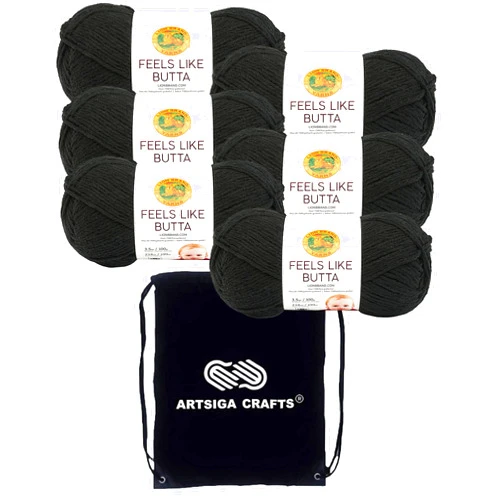 Lion Brand Yarn Lion Brand Feels Like Butta Black 215-153 (6-Skeins - Same Dye Lot) Worsted Medium #4 Polyester Yarn for Crocheting and Knitting with Project Bag