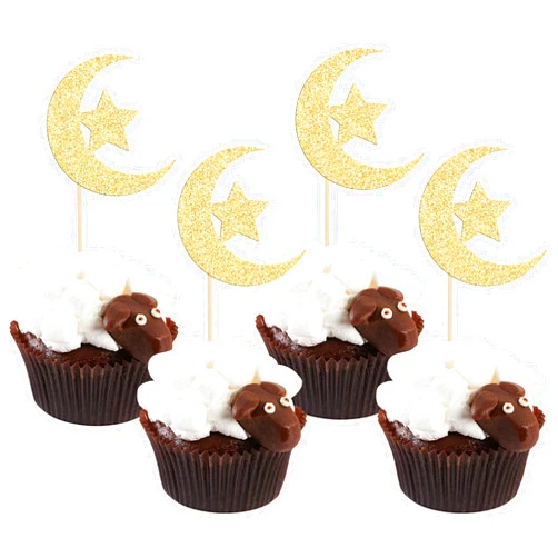 Ephlyn 36 Pack Gold Glitter Moon and Star Eid Mubarak Cupcake Topper Ramadan Kareem Party Supplies Islamic Muslim Party Decorations