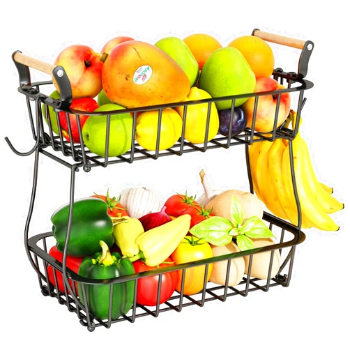 ANTOPY 2 Tier Fruit Basket with 2 Banana Hangers, Countertop Fruit Vegetable Basket Bowl for Kitchen Counter Metal Wire Storage Basket Fruits Stand Holder Organizer for Bread Snack Veggies Produce