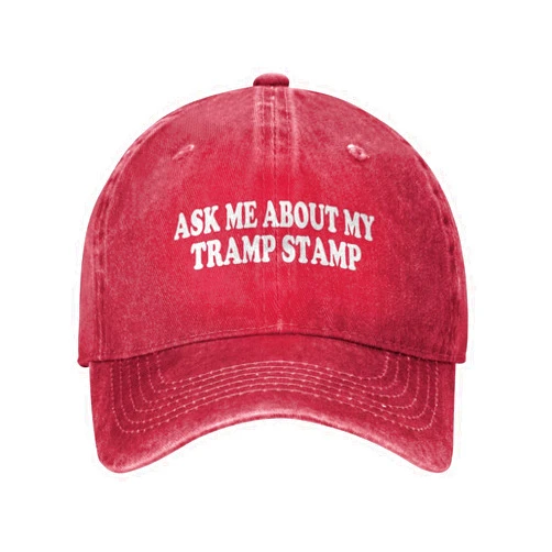 Diputer Funny Ask-Me-About-My-Tramp-Stamp-Trucker Hat Women College Beer Silly Party Hats Novelty Retro Snapback Baseball Cap Red