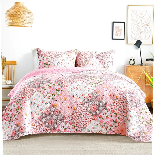 Whale Flotilla Reversible Patchwork Quilts King Size, Lightweight Boho Printed Bedspreads Coverlets Quilt Bedding Set with 2 Pillow Shams for All Seasons, Pink