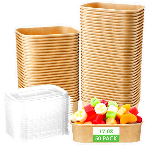 Maxdot 50 Pack 17 oz Disposable Kraft Paper Bowls with PP Lids Rectangle Paper Food Containers for Lunch Meal Prep, Salad, Ice Cream, Yogurt, Soup Bowls Party Supplies