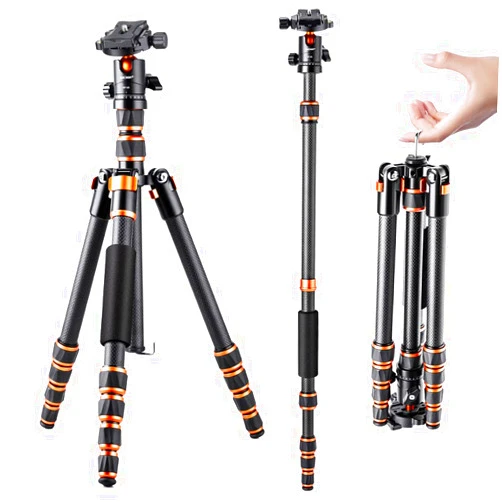 K&F Concept 60 inch Carbon Fiber Camera Tripod,Super Lightweight Compact Travel Tripod with 360 Degree Ball Head,Quick Release Plate,Detachable Monopod 8KG Load Capacity for SLR DSLR C225C0 (BA225)
