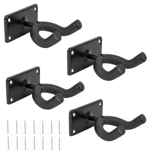 PONGJA Guitar Wall Mount Hanger 4 Pack Black Metal Guitar Hanger Wall Hook Holder Stand for Electric Acoustic Guitars, Bass, Mandolin, Banjo, Ukulele