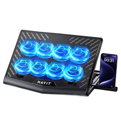 HAVIT Laptop Cooling Pad with 8 Cooling Fans, Laptop Cooler 6 Adjustable Heights for 12-15.6 Inch Laptops, Gaming Laptop Cooling Stand with a Phone Stand Two USB Ports