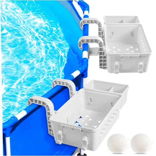 Znorso 2 Pack Poolside Storage Basket, Above Ground Pool Accessories, Poolside Storage Basket with Cup Holder Hooks, Swimming Pool Storage Basket with Filter Ball, Pool Storage Bin for Most Above Pool, Grey