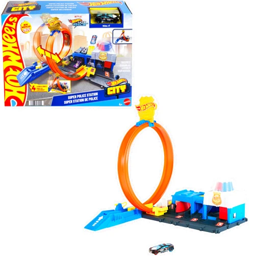 Hot Wheels Toy Car Track Set, Super Police Station Playset with 1:64 Scale Die-Cast Vehicle, Adjustable Loop for Multiple Ways to Race & Stunt
