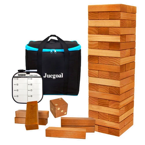 Juegoal 54 Pieces Giant Tumble Tower Blocks Game Giant Wood Stacking Game with 1 Dice Set, Gameboard, Canvas Bag for Adult, Kids, Family, Brown