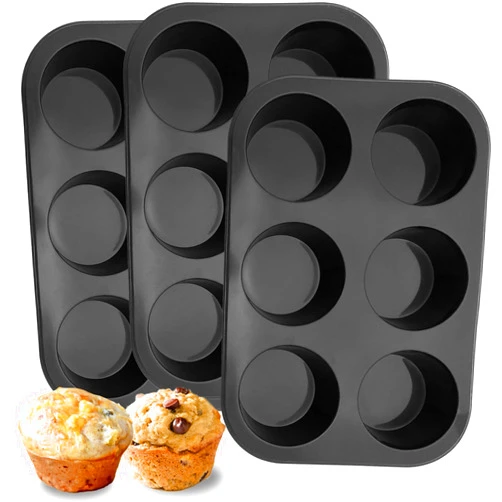 Dropower 6 Cups Silicone Muffin Pan Nonstick Cupcake Pan Muffin Tin Food Grade Silicone Baking Mold Muffin Tray for Egg Maffins, Brownie Black 3 Pack