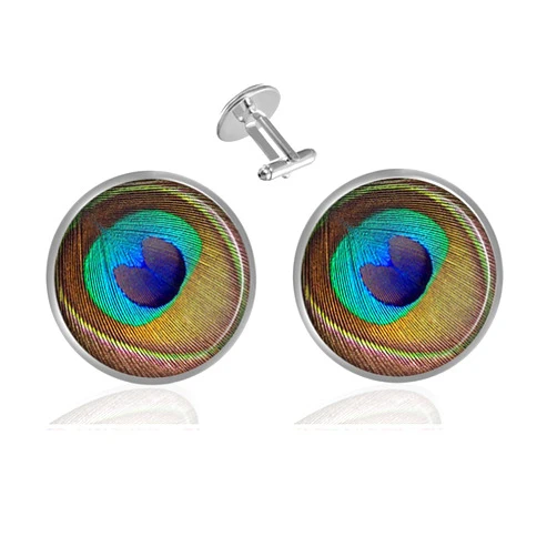 Ecowcow Custom Classic Jewelry Tuxedo Shirt Sliver Cufflinks Men's Unique Business Wedding Gifts Peacock Feather A