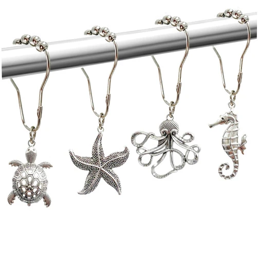 VeloZap Beach Shower Curtain Hooks, Beach Bathroom Decor Starfish Sea Turtle Octopus Seahorse Ocean Shower Curtain Hooks Ring Cute Coastal Decorative Shower Hooks for Curtain Set of 12
