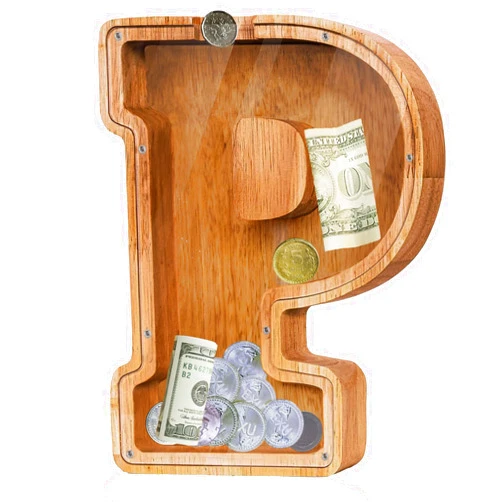 Fao Thuofyr Personalized Large Wooden Kids' Letter Piggy Bank - Letter Piggy Bank for Boys & Girls, Coin Bank Birthday Gift（P）