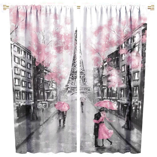 LOMADIA Eiffel Tower Curtain, Oil Painting Style Pink Paris Tower Couple Pattern Window Treatments 2 Panels Drapes for Bedroom Living Room Kitchen Decor 42x45in