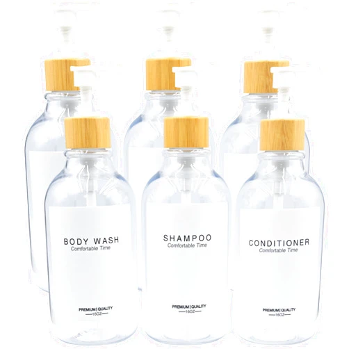 Gails Willing Shampoo and Conditioner Bottles, Refillable Shampoo Bottles, Apothecary Dispenser Bamboo Pump for Shampoo Lotion Oil Shower Soap Hand Soap and Dish Soap, Plastic Set 6 (Clear)