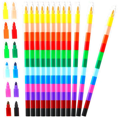 Leinuosen Stacking Crayons Stackable Buildable Crayons Colorful Crayon for School Office Supplies, 12 Colors (24 Pieces)