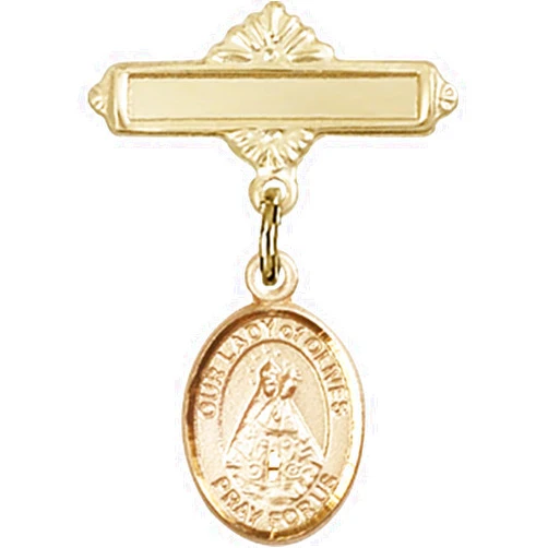 Bonyak Jewelry Saint Medal Collection Gold Filled Baby Badge with Our Lady of Olives Charm and Polished Badge Pin 1 X 5/8 inches