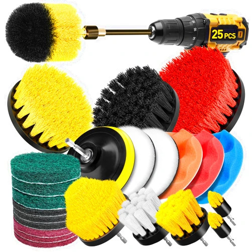 CasaCulina 25 Pack Drill Brush Attachment Set, Scrub Pads & Sponge, All Purpose Power Clean Scrubber Brushes with Extend Long Attachment, Car Polishing Pad Kit, Cleaning Supplies for Grout Tile Sink