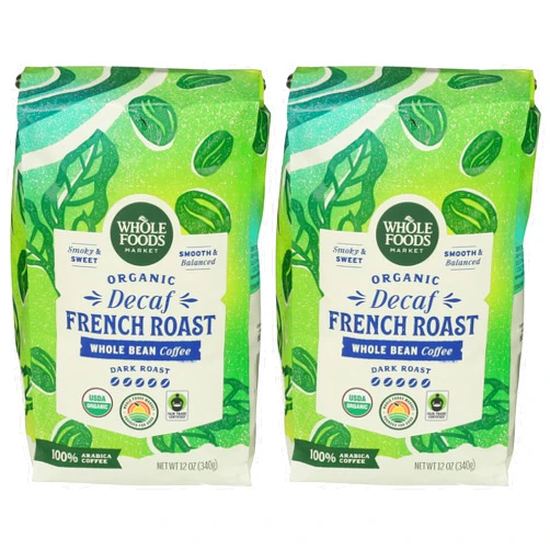 WHOLE FOODS MARKET Organic Whole Bean Decaf French Roast Coffee, 12 OZ (Pack of 2)