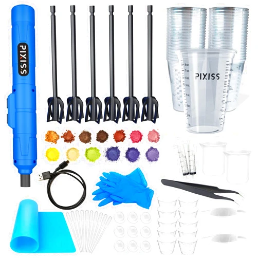 Pixiss Premium Resin Mixer, Handheld Rechargeable Epoxy Mixer, Epoxy Resin Mixer Pro Grade, Resin Stirrer for Resin, DIY Crafts Tumbler, Minimize Bubbles - Ultimate Resin Mixer Kit with 15 Mica Powder
