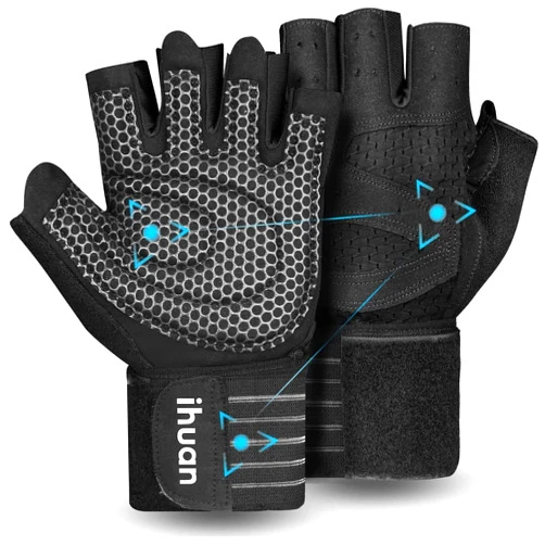ihuan Ventilated Weight Lifting Gym Workout Gloves with Wrist Wrap Support for Men & Women, Full Palm Protection, for Weightlifting, Training, Fitness, Hanging, Pull ups