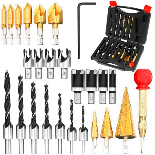 LAMPTOP 26-Pack Woodworking Tools and Accessories Including Countersink Drill Bits, 3-Pointed Countersink Drill Bit with L-Wrench, Wood Plug Cutter, Step Drill Bit, and Automatic Center Punch