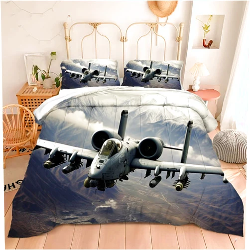 Motorax Fighter Aircraft Comforter Set Kids Thunederbolt II Flying in The Sky Bedding Set Boys Girls A10 Army Military Jet Print Decor Quilt Set, Twin Size, 1 Comforter 1 Pillowcase