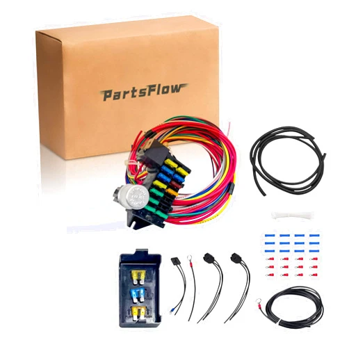PartsFlow 12 Circuit Wiring Harness, Universal Wire Harness 12 Volts fits for Street Rods/Classic Cars/Hot Rods Muscle Car