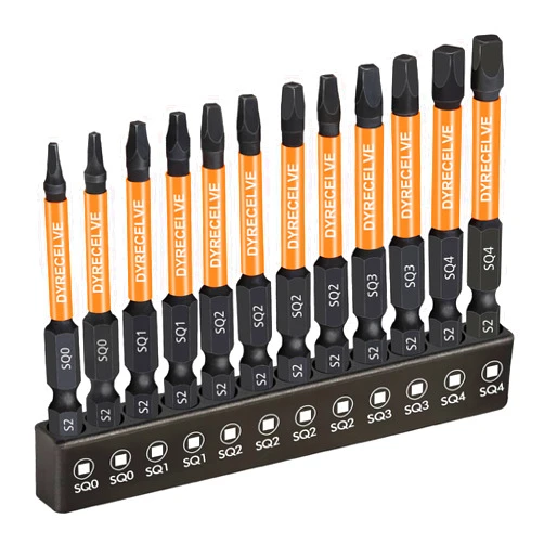 DYRECELVE 12-Pack Square Drive Bits- Premium S2 Alloy Steel Square Bit Set Magnetic Heads- Robertson Square Drill Bit Set (Long 2.55