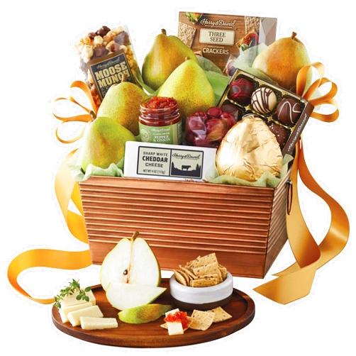 Harry & David Favorites Pear, Popcorn & Relish Gift Basket, Food Gift Basket For All Occasions With 6 Pears, Cheese, Popcorn, 3 Seed Crackers, Relish, Chocolate Covered Cherries, Truffles And Almonds