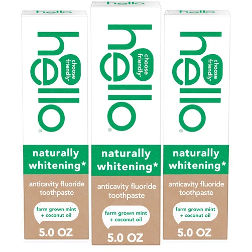 Hello Naturally Whitening Anticavity Fluoride Toothpaste, 5 Oz Tube, Natural Whitening Toothpaste with Coconut Oil, Whitens Naturally and Helps Remove Surface Stains, SLS Free, Vegan, Mint, 3 Pack