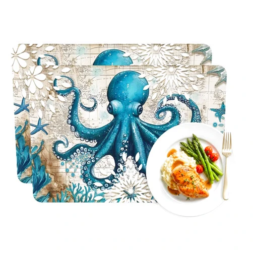 PUXTKE DAZQW Octopus Ocean Coral Sea Monster Rectangle Placemat,PU Heat-Proof Table Mats Placemats Underwater World Vintage Letter Waterproof Table Mat for Indoor Outdoor Kitchen Dining Party,Set of 2,12x18in