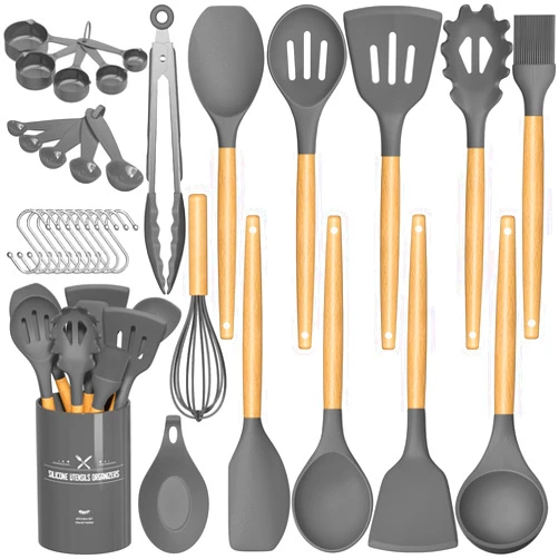 Umite Chef Kitchen Cooking Utensils Set, 33 pcs Non-stick Silicone Spatula Set with Holder, Woodle Handle Heat Resistant Gadgets Utensil (Gray)