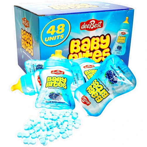 Dee Best Candy Pacifier Blue Raspberry Fruity Shaped Bites - 48 Individually Wrapped Bottle Shaped Pouches Bulk - Great for Boy Themed Baby Shower Candy, Birthday, and Gender Reveal - Kosher Candy