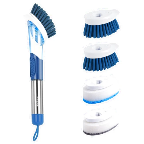 NileHome Dish Brush with Soap Dispenser Dish Scrubber with 4 Replaceable Heads Kitchen Dish Scrub Brush with Stainless Steel Handle Dish Cleaning Brush Dish Wand for Dishes, Pots…