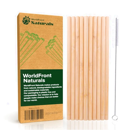 Worldfront Naturals Reusable Straws with Case & Straw Cleaner Brush - Eco Friendly Bamboo Straws Reusable Pack of 10, Used as Cocktail Straws, Smoothie Straws, Travel Straws, Coffee Straws