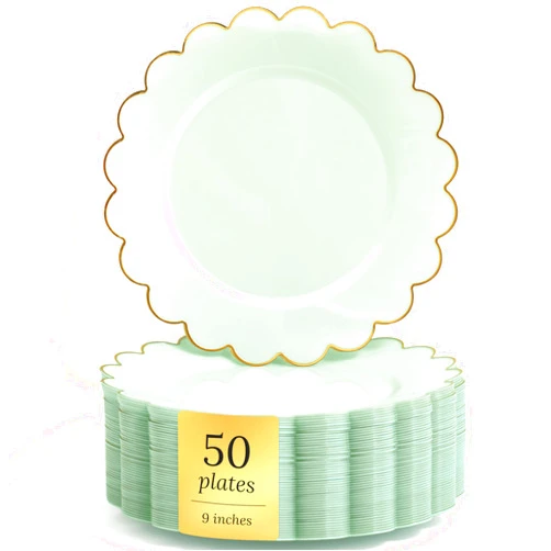 Sparkle and Bash Bulk 50 Pack Scalloped Plates - 9 Inch Sage Green Plastic Plate with Elegant Gold Rim - Fancy Disposable Plates for Party, Birthday, Wedding, Baby Shower, Gender Reveal and Holidays