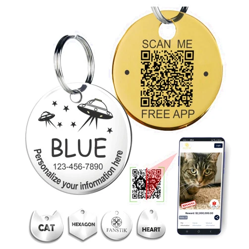 FANSTIK Personalized QR Code Pet Id Tag (Made in USA) Personalize on Both Tag & Web Free Online APP Scan QR Receive Instant Location Alert Email Customized Dog Cat Tags Stainless Steel (QR-Ilustrtn)