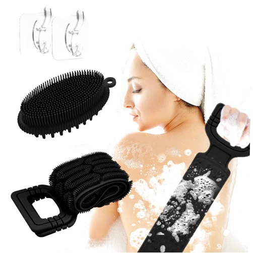 Shechane Silicone Back & Body Scrubber for Shower 2PCS, 27.5 inch 2-in-1 Silicone Body Brush & Back Washer for Men, Women, Exfoliating Silicone Bath Scrubber with Handle,2 Free Hooks (Black)