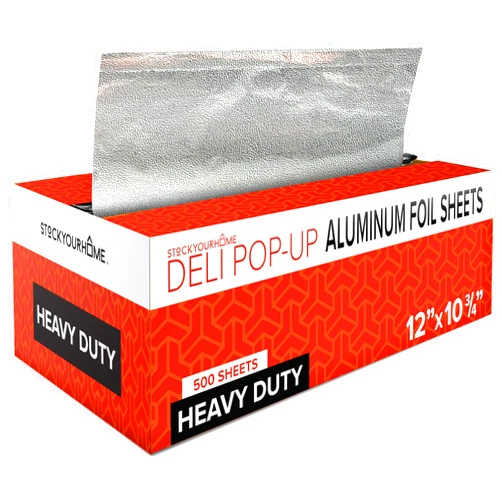 Stock Your Home 12” Ultra Heavy Duty Pop Up Deli Aluminum Foil Sheets, 500 Count Pre-Cut Foil Sheets, Heavy Duty Foil for Restaurant, Disposable Foil for Food, Tin Foil Sheets for Burrito, Hot Dog or Sandwich