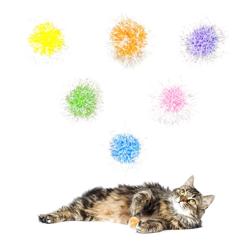 Andiker Cat Sparkle Balls, 12pcs 2.36 Inches Cat Pom Pom Balls Glitter Tinsel Cat Balls Toy Foil Fuzzy Balls for DIY Craft Colorful Interactive Cat Toys for Indoor Cats to Keep Fit and Active (6Pcs)