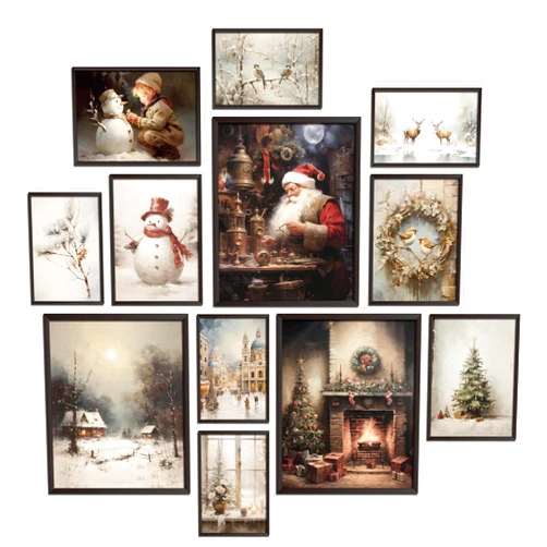 Skyists Vintage Christmas Wall Art Prints Christmas Wall Decor, Reindeer, Pine Tree，Santa Claus, Snowman, Winter Scene Decorations for Living Room, Bedroom (Unframed)