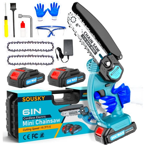 SOUSKY Mini Chainsaw Cordless, Portable Handheld Small Chainsaw 6inch Mini Chain Saw Battery Powered, 2Pcs 24V 2000Mah Powerful Rechargeable Battery for Tree Wood Cutting Trimming Courtyard Garden Pruning