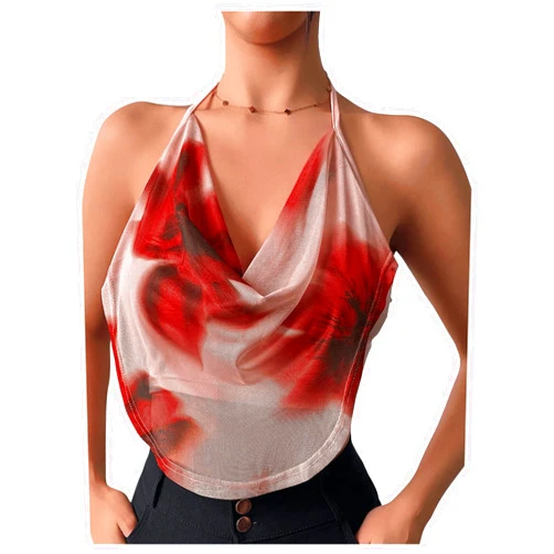 MakeMeChic Women's Mesh Floral Halter Top Draped Open Back Camisole Crop Tank Tops
