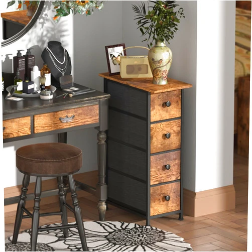 GiftGo Narrow Dresser Vertical Slim Dresser Chest of Drawers Skinny Storage Tower for Small Spaces Gaps Closet Bedroom Bathroom Small Fabric Drawer Unit (Rustic Brown, 4 Drawers)
